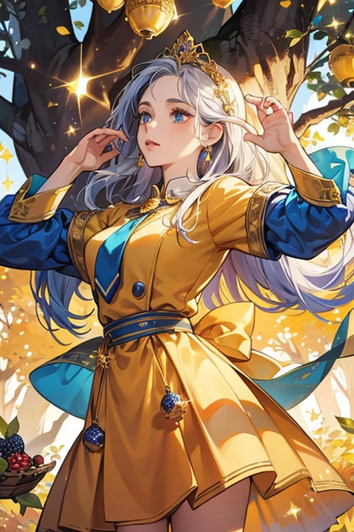 Titana's Jewel Charm is blue and oval-shaped. It contains an orange oak tree in the center; with golden acorns and flowers and silver leaves and berries in the tree itself, golden decor and a flower-shaped tie in the bottom of the tree. SPARKLE; GLITTER