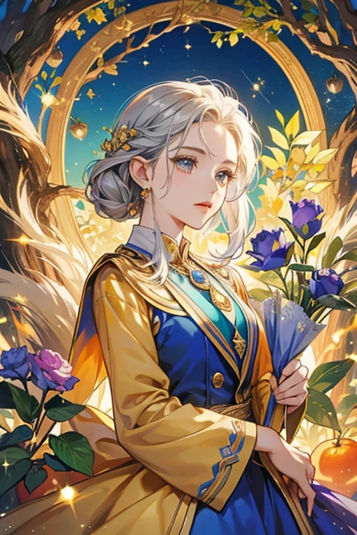 Titana's Jewel Charm is blue and oval-shaped. It contains an orange oak tree in the center; with golden acorns and flowers and silver leaves and berries in the tree itself, golden decor and a flower-shaped tie in the bottom of the tree. SPARKLE; GLITTER
