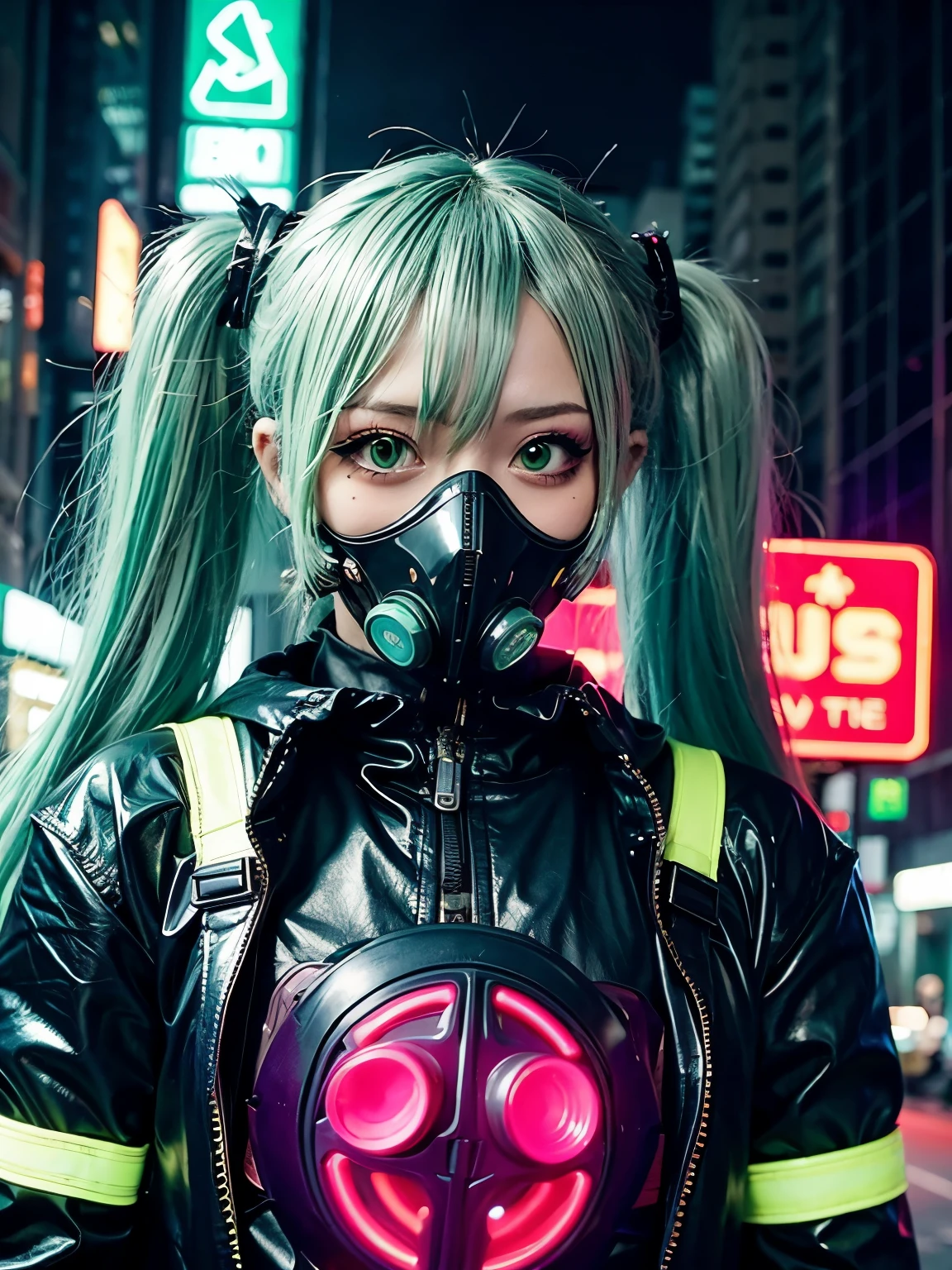 1girl, woman, neon green hair, twintails, gas mask, cyberpunk outfit, cyberpunk setting, bright colors, neon city, neon city background, looking at viewer, facing viewer, beautiful, masterpiece 