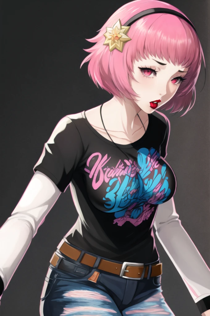 sakura_fe, red eyes, pink hair, hairband, 1girl, solo, black t-shirt, white shirt, blue jeans, belt, lipstick, large breasts, layered sleeves