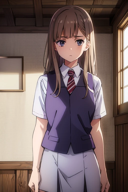 best quality,4k,8k,highres,masterpiece:1.2)brown hair, lilac eyes, alone, wears school uniformn