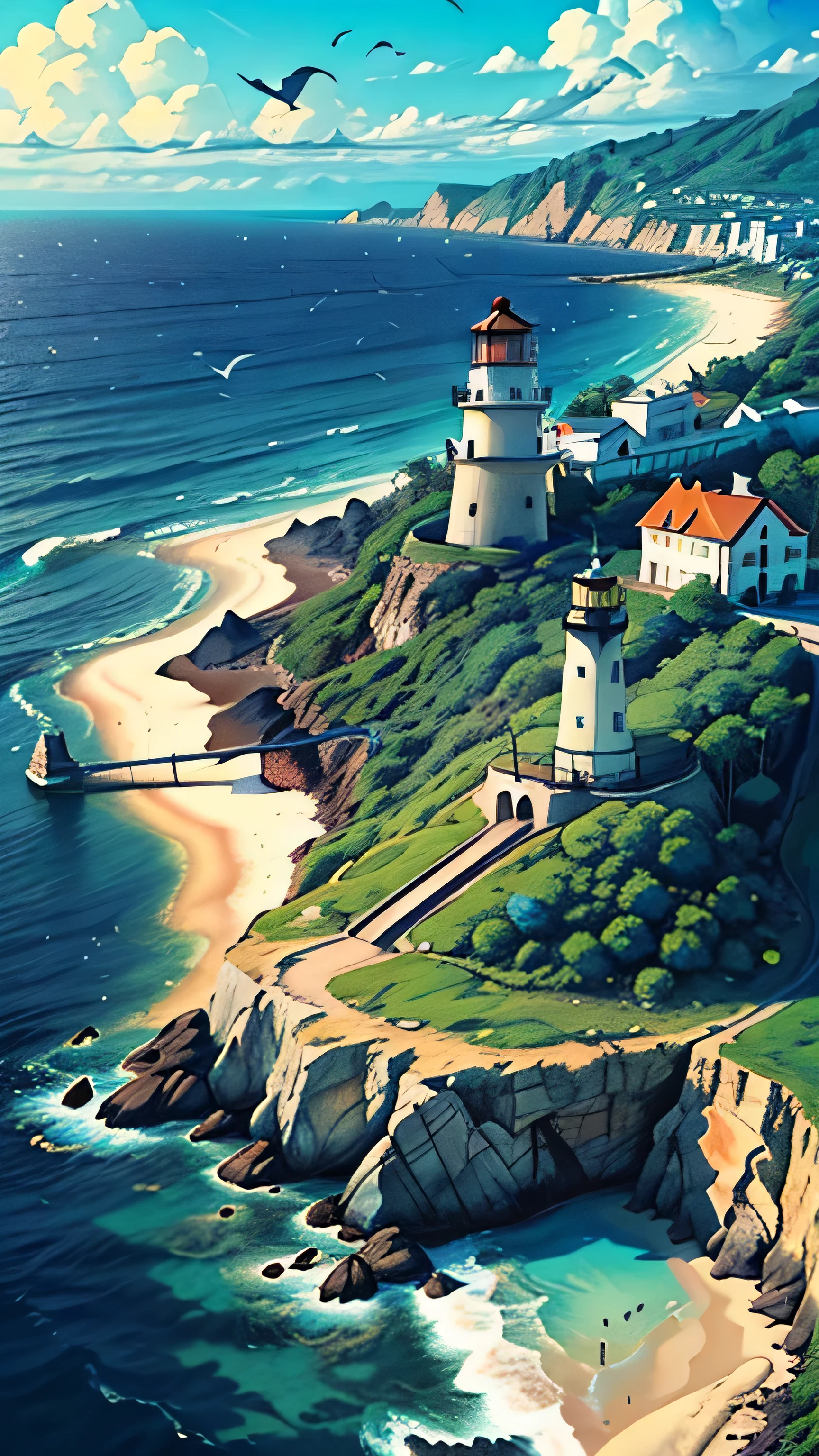 (masterpiece:1), (aerial view:1.5), (a village around a lighthouse near sea :1.6), (lo-fi vibe:1.3), (bright day:1.5), (plants and grass near shore:1.3), silence, (sea waves:1.4), (blue vast wide open sky:1.5), (soft bright glow of vibrant tones:1.4), magnificent sky, (volumetric light:1.2), peaceful, (greenery:1.5), (nature:1.3), (nature ambience:1.3), (birds:1.5), (different hues of green blue and orange:1.4), (beautiful aesthetics:1.2), (tropicsl:1.4), beautiful tones, subtle colors, peaceful, (illustration: 1.0), epic composition, realistic lighting, (no human:1.6), HD details, masterpiece, best quality, ,