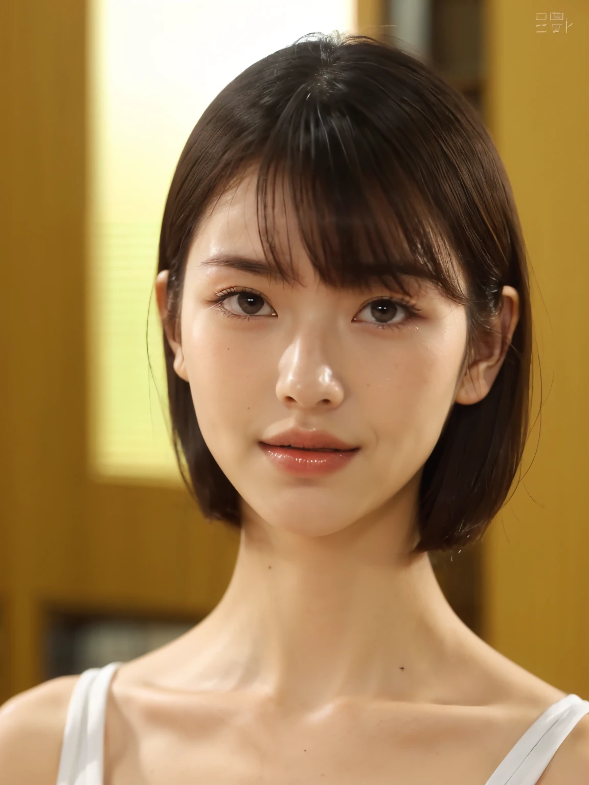 (Representative Works: 1.3), (((masterpiece, Best Quality, Ultra-detailed, ultra high resolution, photorealistic: 1.4, 8K Wallpaper, golden proportions, upper body and chest))), ((Beautiful detailed eyes:1.6, ultra detailed eyes, realistic eyes, symmetrical eyes:1.8, circular iris:1.3)), (eyelashes:1.3, double eyelid:1.6), (8k, photorealistic, raw photos, Highest image quality: 1.4), perfect face, v-line shape:1.3, sharp jawline:1.5, beautiful face, (realistic face),no makeup, natural makeup, light makeup, (Dark brown, short hair: 1.5), beautiful hairstyle, realistic eyes, beautiful detailed eyes, (Photorealistic skin), beautiful skin, golden ratio, Gray background, 20 years girl, dreamy light, Normal hands, Glossy Lips, small mouth, closed mouth, thin lips:0.7, slightly smile:1.6, pale milky white porcelain skin, smooth translucent white skin, Skincare brand photo shoot, Woman with porcelain skin, Soft porcelain skin, Translucent white skin, Clear facial and body skin, Skincare, White porcelain skin, short face:0.6
