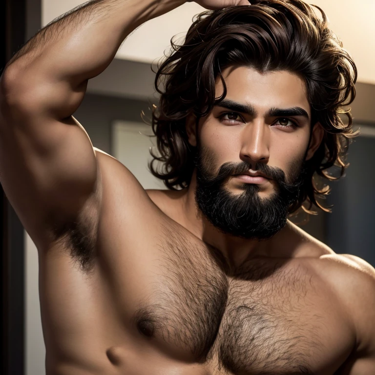 23 year old man, piel morena, Brown hair, ojos negros, cejas gruesas, frown, labios gruesos, barba incipiente, playful touch
