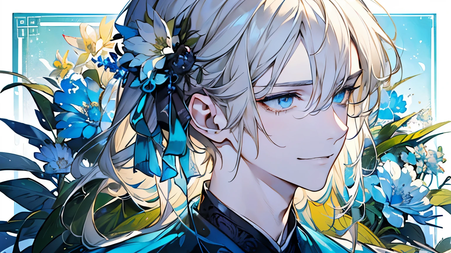 (old male:1.45)、(masterpiece、highest quality、highest quality、Beautiful and beautiful:1.2)、(Good anatomy:1.5)、Painting of a male with milky blonde long hair、Shy smile、Sparkling Eyes、(dark eyes:1.4)、looking at the camera、Emerging from among the flowers and leaves、(sunny days:1.45)、(Lightgreen、Blue、black:1.2)、(Chinese concept:1.25)、Sad face、tears