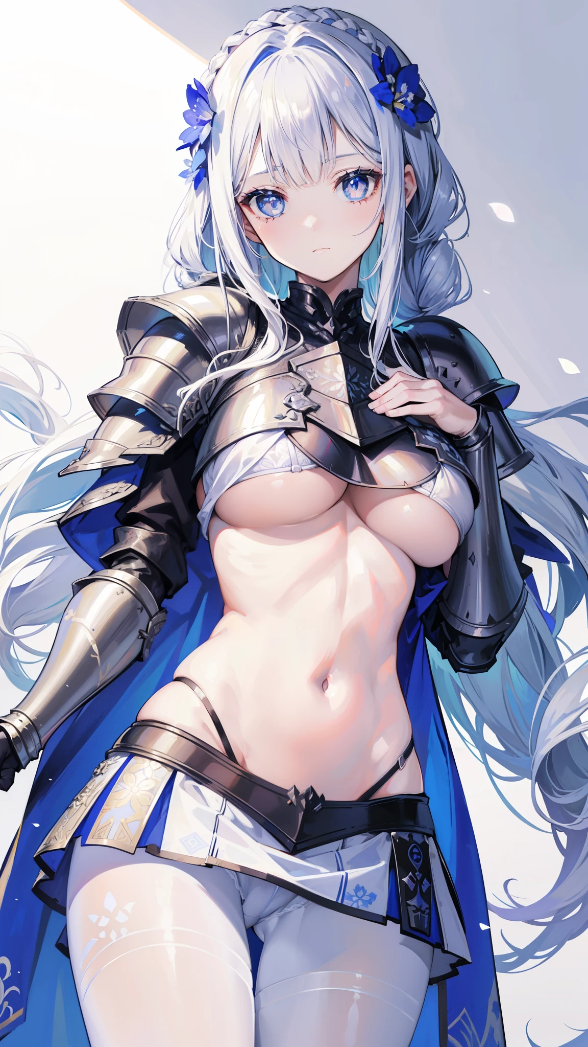 beautiful girl,(knight),armor,(Armor with floral patterns),Blue pupils,White long hair,Braided hairstyle,War skirt,White pantyhose,Show off the pubic bone,((underboobs)),((Below the breasts)),((Lower breasts))