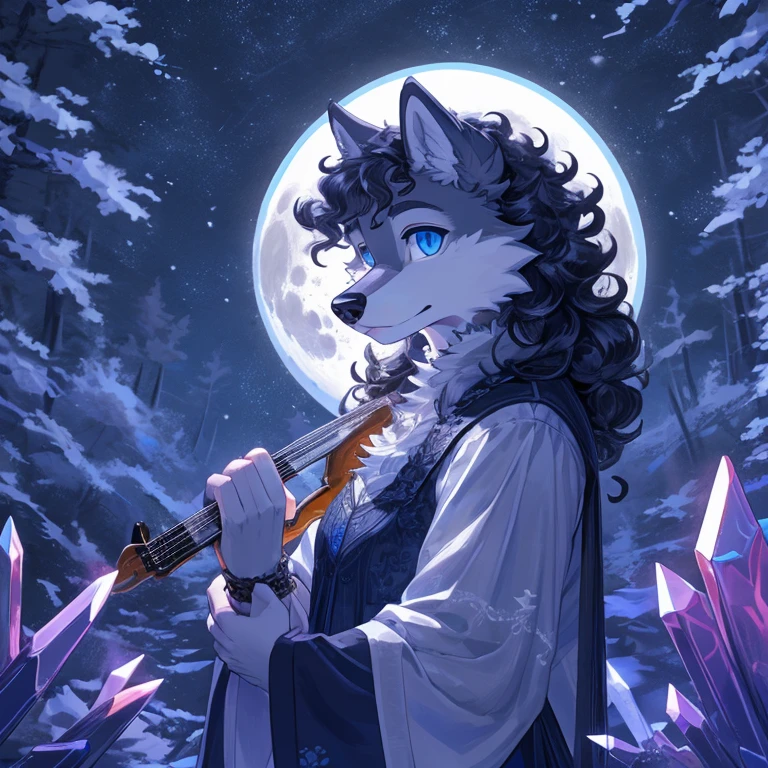 Enchanting Female Allure, Furry Wolfess, Young Adult, ((Soft Fur)), Bright Blue Eyes, ((Curled Hair)), Long, Wavy Hair, Detailed, ((Evening Scene)), (Dappled Light, Moonlight), Forest Path, ((Lute Playing)), Solitary Figure, (Moonlit Landscape), (Depth of Fields), (Portrait Quality: 1.3), (Anatomy Accuracy: 1.1). Silver-and-Gray Fur,((Wolf-Girl)), White Fur, Crystal Blue Eyes, ((Feline Nose),), White Claws, White Feet, Canine Hands, (Details of