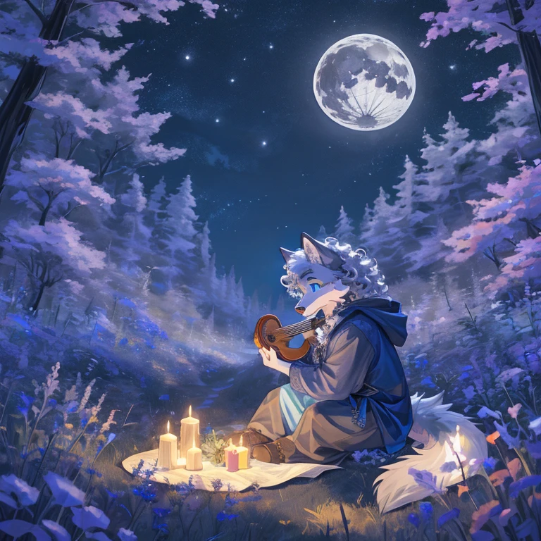 Enchanting Female Allure, Furry Wolfess, Young Adult, ((Soft Fur)), Bright Blue Eyes, ((Curled Hair)), Long, Wavy Hair, Detailed, ((Evening Scene)), (Dappled Light, Moonlight), Forest Path, ((Lute Playing)), Solitary Figure, (Moonlit Landscape), (Depth of Fields), (Portrait Quality: 1.3), (Anatomy Accuracy: 1.1). Silver-and-Gray Fur,((Wolf-Girl)), White Fur, Crystal Blue Eyes, ((Feline Nose),), White Claws, White Feet, Canine Hands, (Details of