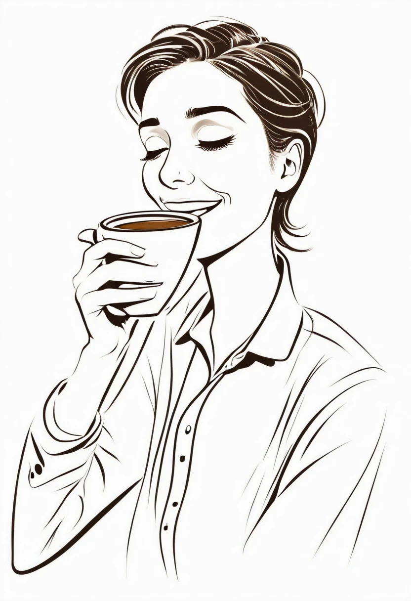 A very tired person is happy drinking an espresso coffee, persona e imagen de caricatura