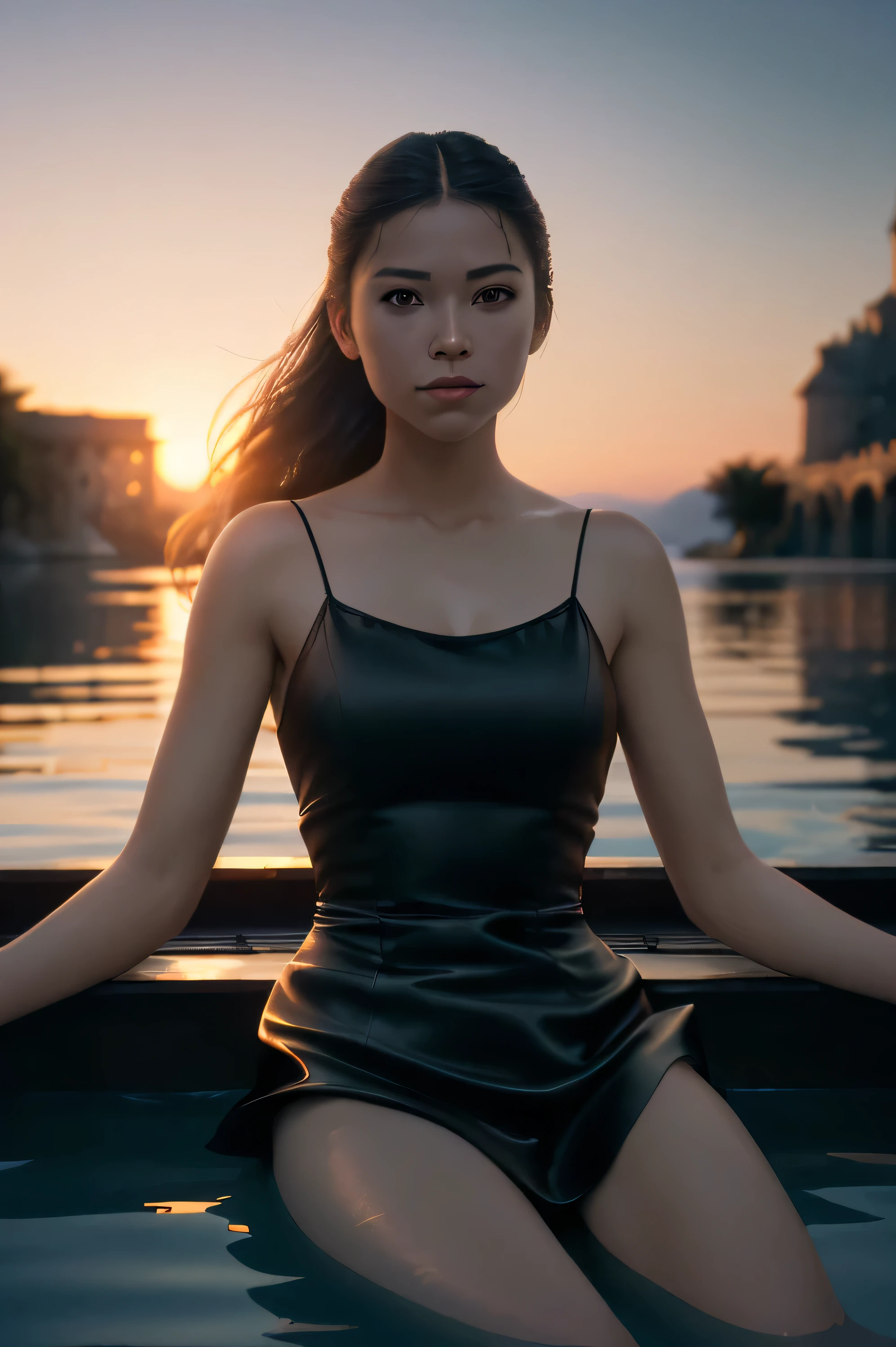 (chef-d&#39;artwork), (very complicated:1.3), (Realistic), portrait de fille, lying on her back, floating on the surface of the&#39;eau, (perspective dynamique), le plus beau dans le monde, (Robe caraco noire), reflet de la pluie, Outside, soleil intense, forteresse lointaine, Stunning details of female professional photos, Sharpness, spectaculaire, Award History, Cinematic lighting, Moteur Unreal de rendu Octane, dtx volumetry, (Grains de films, blurred background, premier plan flou, Bokeh, Profondeur des limites écrites, coucher de soleil, flou de mouvement:1.3)