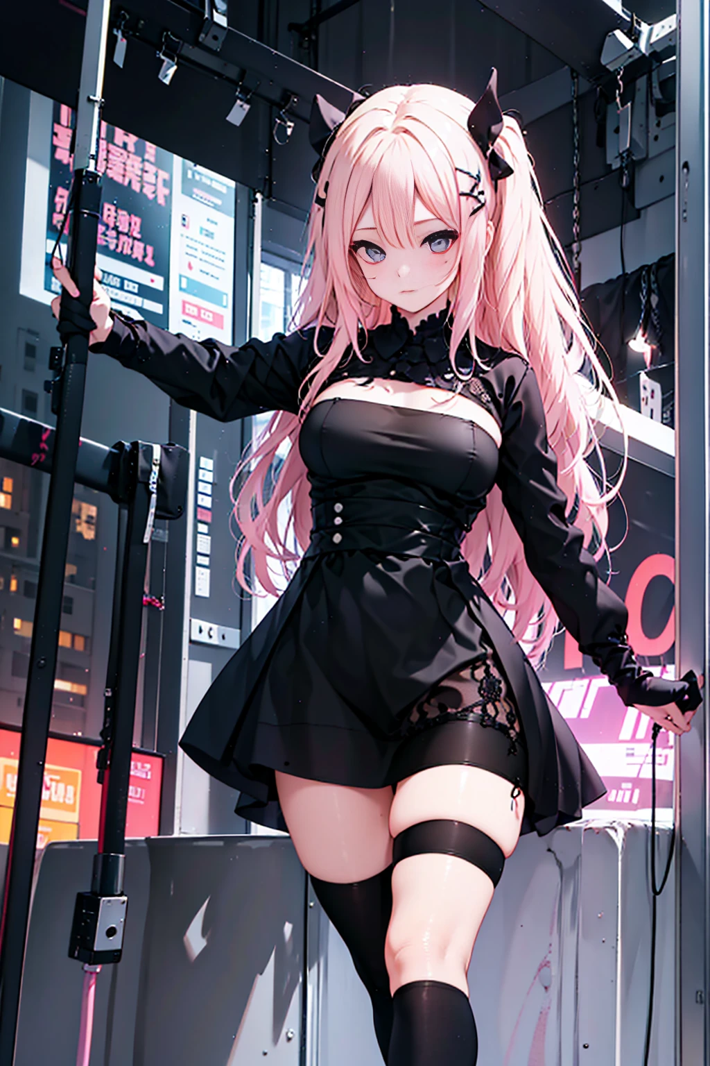 masterpiece, best quality, realistic, 1girl, pink hair, big ass, realistic legs, black lingerie, stockings, stilettos, in full growth