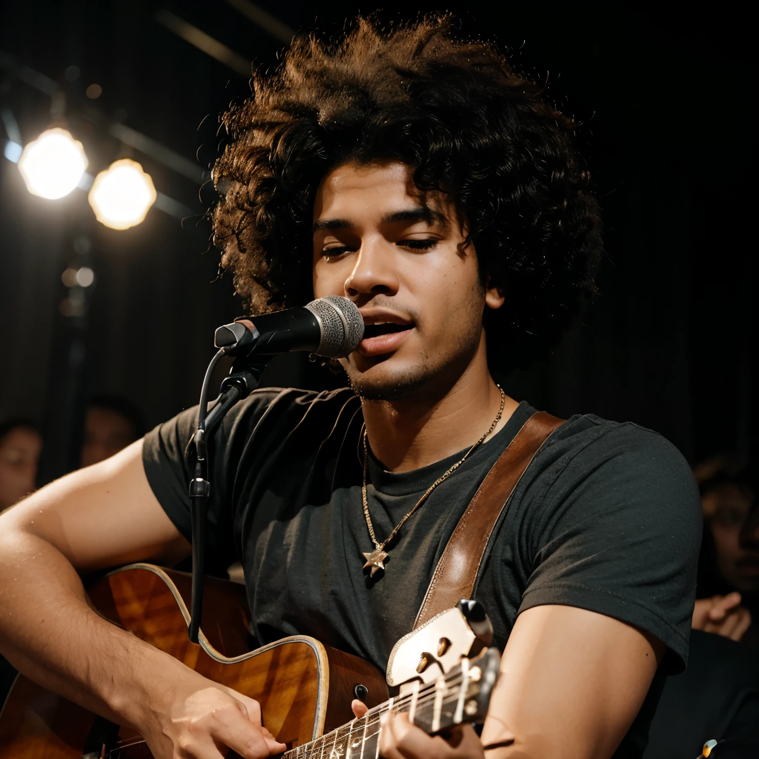 Guy with medium afro hair singing with guitar at a concert with lights pointed at him