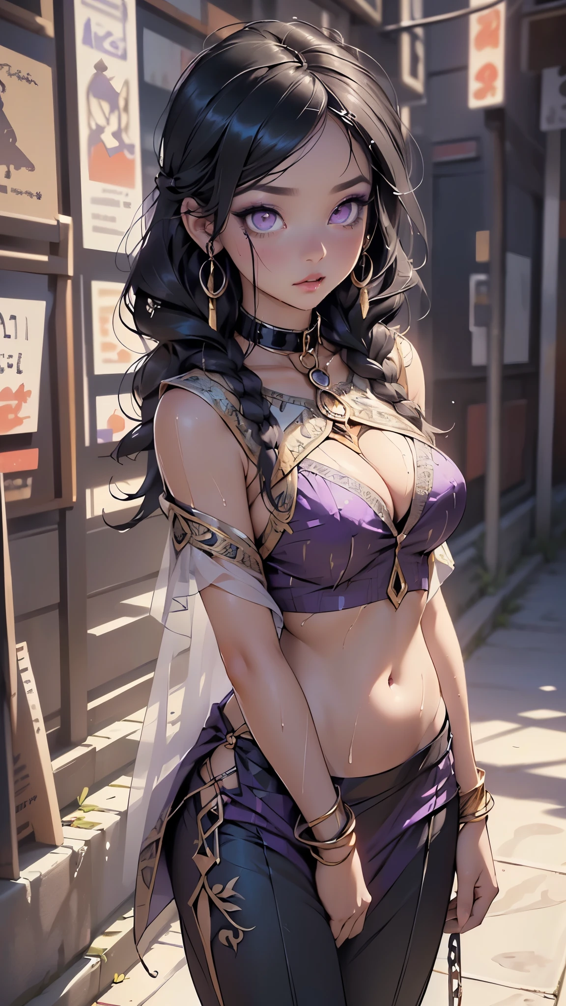 girl from ancient Egypt,1girl,
(large breasts:1.4),((((long twin braids,tight braids,long braid,braided hair,long hime cut,dark hair,black hair,colored inner hair)))),(((purple_eyes:1.3))),intricate eyes,beautiful detailed eyes,symmetrical eyes,((((lustrous skin:1.5,tanned skin,bright skin: 1.5,skin tanned,shiny skin,very shiny skin,shiny body,Reflective skin)))),(spider lower abdomen,narrow waist,wide hip,athletic body,inflated legs,thick thighs,(detailed face)),beautiful detailed lips,
cute,slutty,sensual,seductive look,((erotic)),((nsfw)),
(((eyeshadow,egyptian makeup,eyelid makeup))),zettai ryouiki,revealing clothing,show skin,((belly dancer bikini)),((intricate belly dancer outfit)),(((dark purple clothes,Transparent cloth:1.1,wet clothes,intricate outfit,intricate cloth))),outfit with fringe,head chain,panja,leg chain,silver embroidery trim decoration with organza outfit,sheer detached sleeves,((side-less tabard over barskin droop body center from neck to knee length: 1.5)),(thighs-less sheer detached arabian pants:1.5),(barethighs:1.3),bare shoulders,(huge cleavage:1.5),(crisscross strings:1.5),(((slave collar,metal slave collar,black slave collar,Long chain leash connected to her collar))),
(flirtatious pose:1.3), looking at viewer,embarrassed,centered,scale to fit dimensions,Rule of thirds,
indoor,((Burlesque, cabaret,brothel at night)),scenery:1.25,intricate scenery,extremely scenery,
(Glossy Egyptian ornaments),highres,sharp focus,(ultra detailed,extremely detailed),(photorealistic artwork:1.37),(extremely detailed CG unity 8k wallpaper),(((vibrant colors,vibrant theme))),(intricate),(masterpiece),(best quality),artistic photography,(photography taken by sldr),(intricate background),perfect rendered face,perfect face details,realistic face,photo realistic,((intricate detail)),(((realism))),