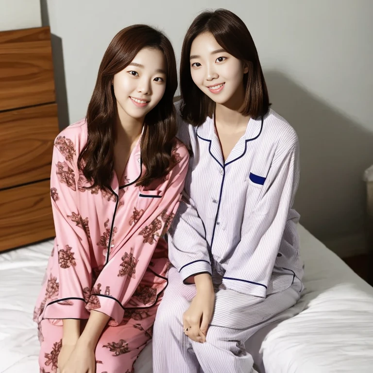 chaesoobin, identical clones, embrace, sitting on bed, pajamas, photorealistic, high quality