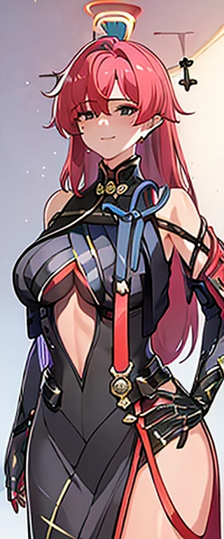 (((Masterpiece, Excellent)), (1girl), (()), Light Pink Hair, Halo, Horn, ((Office Lady)), Bangs, Big Breasts, (Busty), Slim, Smile, [Wide Buttocks], Office, Standing, Aru \ (Blue Archive), breasts and nipples fully exposed 