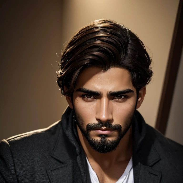 Hombre joven, piel morena, Brown hair, ojos negros, cejas gruesas, frown, labios gruesos, barba incipiente, playful touch 