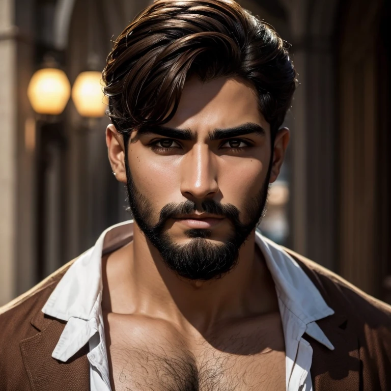 Hombre joven, piel morena, Brown hair, ojos negros, cejas gruesas, frown, labios gruesos, barba incipiente, playful touch 