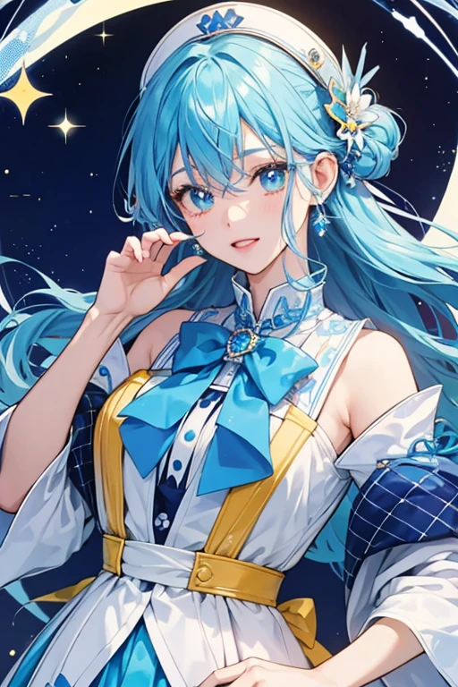 Yuku's Jewel Charm is hexagon-shaped. It is decorated with blue euclases and a blue musical note in the center, along with Yuku's bowtie in the bottom. It also features a yellow base with white waves and trims for decoration. SPARKLE; GLITTER