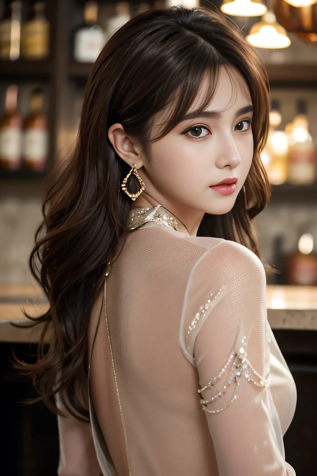 masterpiece, highest quality, Realistic, Very detailed, Finer details, High resolution, 8k wallpaper, One beautiful woman, Wear a black see-through shirt, Great bar counter, At night, Light brown messy hair, Perfect dynamic composition, Beautiful and beautiful eyes、Big earrings、Back view、I'm wearing a bra、