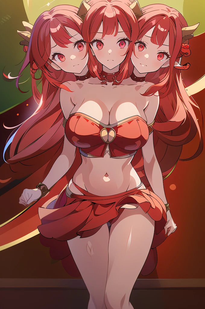 (masterpiece, best quality), best quality, (ultra-detailed), (3heads:1.5), 1girl, (Singyoku :1.3), masterpiece, best quality, ultra quality, ultra resolution, ultra detail, red top, crop top, ((stomach)), midriff, ((groin)), red skirt, normal ears, shackles, flowing red hair, very long hair, wavy hair, sidelocks, glowing red eyes, parted lips, detailed eyes, sweat, cute, toned belly, hand on own chest, eyelashes, (24 year old woman:1.3), (masterpiece:1.5), (best quality:1.5), (beautiful detailed), extremely detailed CG, extremely delicate and beautiful, depth of field, (finely detailed face), (perfect details:1.2), ( female:1.3), wide pelvis, slender, large veiny breastresolution, highres, very high quality, very high definition, extremely detailed, masterpiece, flowing red hair, long hair, alluring presence, braid, short skirt, close up, big tits, yons, milf, girl with threads,
