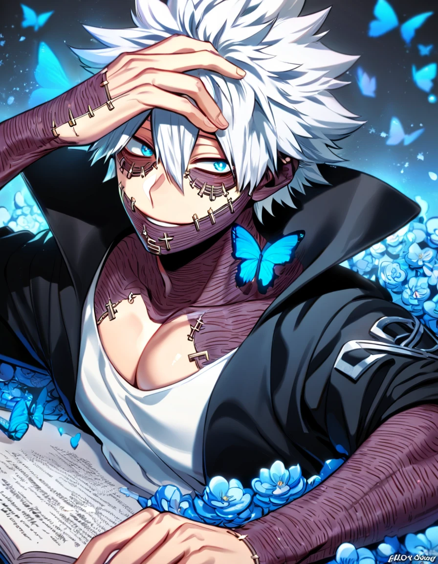 absurdres, highres, ultra detailed, HDR, master piece, best quality, Dabi, white hair spiked around his head, hair between the eyes, expressive turquoise eyes, Boku No Hero Academia, solo, sexy man, handsome, toned chest, sitting, white shirt, black coat with high collar, cross, blue butterflies, blue petals, blue flowers, magical