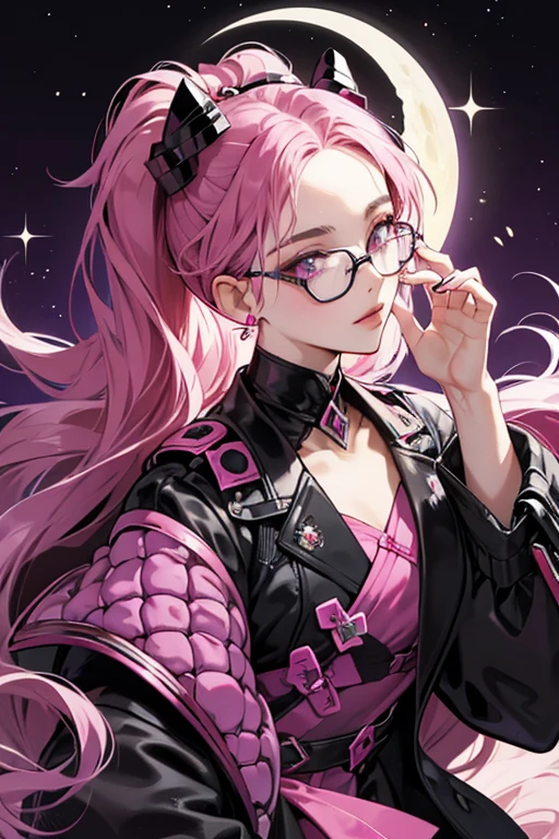 her glasses become black and shaped like hexagons with a pink crescent moon shape attached to the right side of the glasses, and has a hot pink hair tuft. she also dons a black jacket with violet cuffs and three gems; one on the left collar and two on each side of the bottom of the jacket. SPARKLE; GLITTER