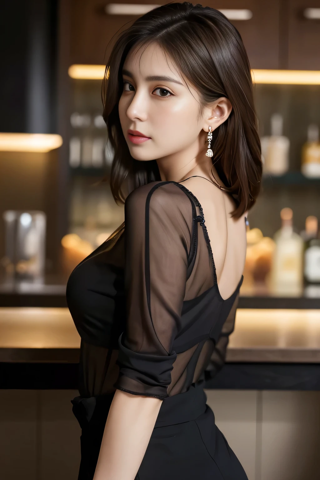 masterpiece, highest quality, Realistic, Very detailed, Finer details, High resolution, 8k wallpaper, One beautiful woman, Wear a black see-through shirt, Great bar counter, At night, Light brown messy hair, Perfect dynamic composition, Beautiful and beautiful eyes、Big earrings、Back view、Wearing a bra under her shirt