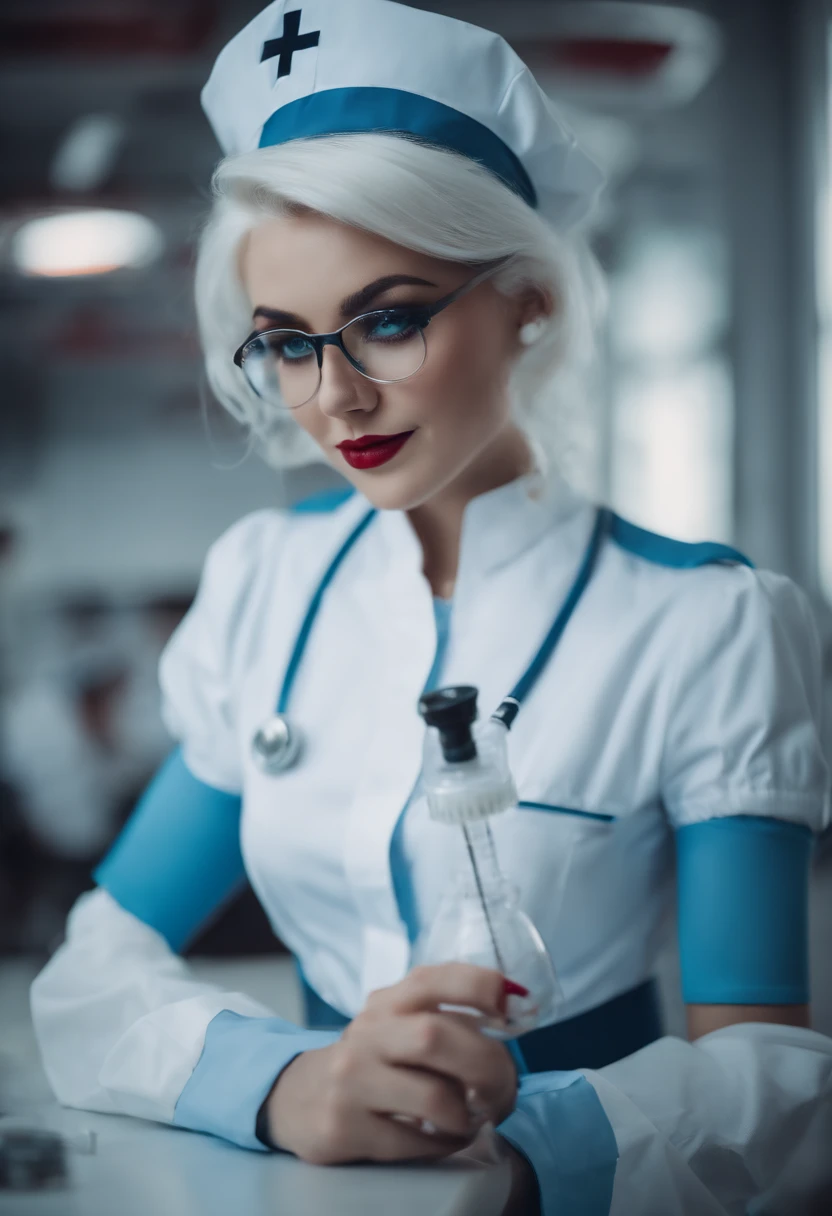 Cyberpunk style ta glasses girl white hair blue eyes tight nurse uniform white stockings white high heels holding an injection syringe in her hand with a soothing smile on her face