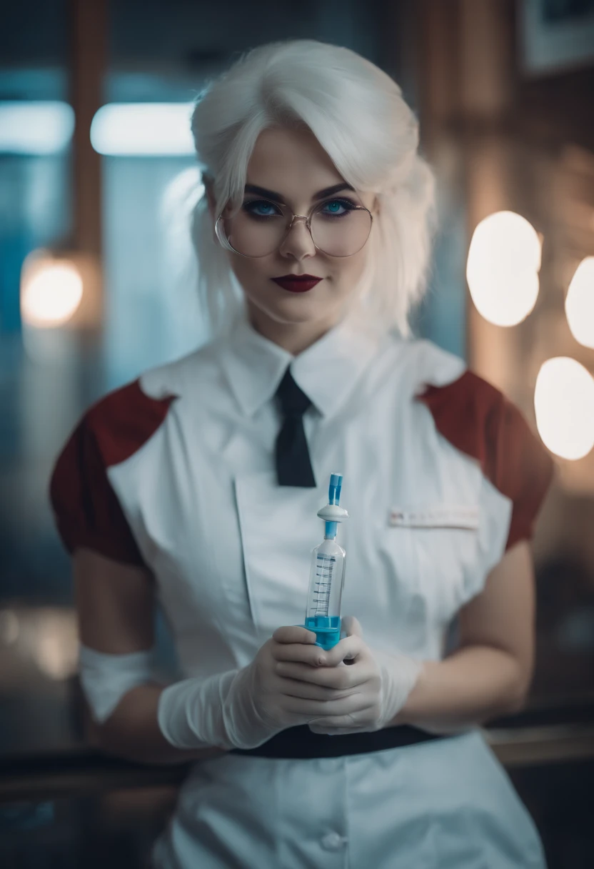 Cyberpunk style lolita glasses girl white hair blue eyes tight nurse uniform white stockings white high heels holding an injection syringe in her hand with a soothing smile on her face