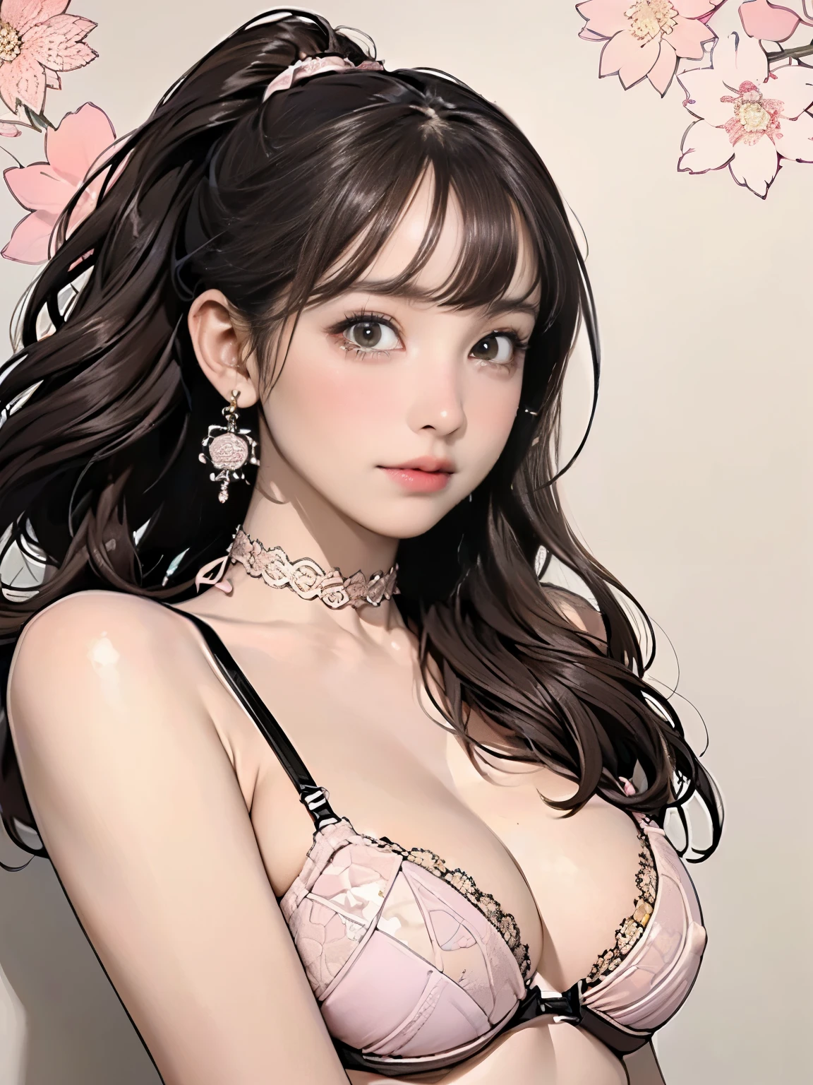 ((((highest quality))))、(((Ultra-precision CG16K wallpaper)))、(((masterpiece)))、(((Super detailed)))、(((Extreme detail)))、((1Mature 29 year old woman:1.6))、((Very beautiful Japanese faces))、((Zuo々Nozomi:1.5))、((Soft Wave Ponytail Long Hair、blunt bangs:1.5))、(Shiny brown hair)、Beautiful delicate eyes、Brown Eyes、eyeliner、Eyeshadow、High nose、Small nostrils、Small Mouth、Seductive lips、Beautiful breasts、((C cup size breasts))、Cleavage、Beautiful feet、eight-headed body、Perfect proportions、Perfect Anatomy、Perfect composition、Beautiful detailed shading、Beautiful, natural lighting、Beautiful detail glow、Depth of written boundary、(((High chroma)))、(((Real:1.9)))、((vivid:1.5))、((Beautiful Skin))、((Skin Texture))、((Realな皮膚感))、(((Bust Shot:1.6)))、((Front view、shoot from front、Front low angle:1.3))、(((Crying face:1.5)))、((The woman is looking at this、looking at viewer、Facing forward:1.6))、Bright daylight、Natural light、(((background_Geometric Wallpaper:1.4)))、(Standing pose:1.6)、(((Beige pink lace bikini bra:1.6)))、((choker、Wearing earrings:1.5))、