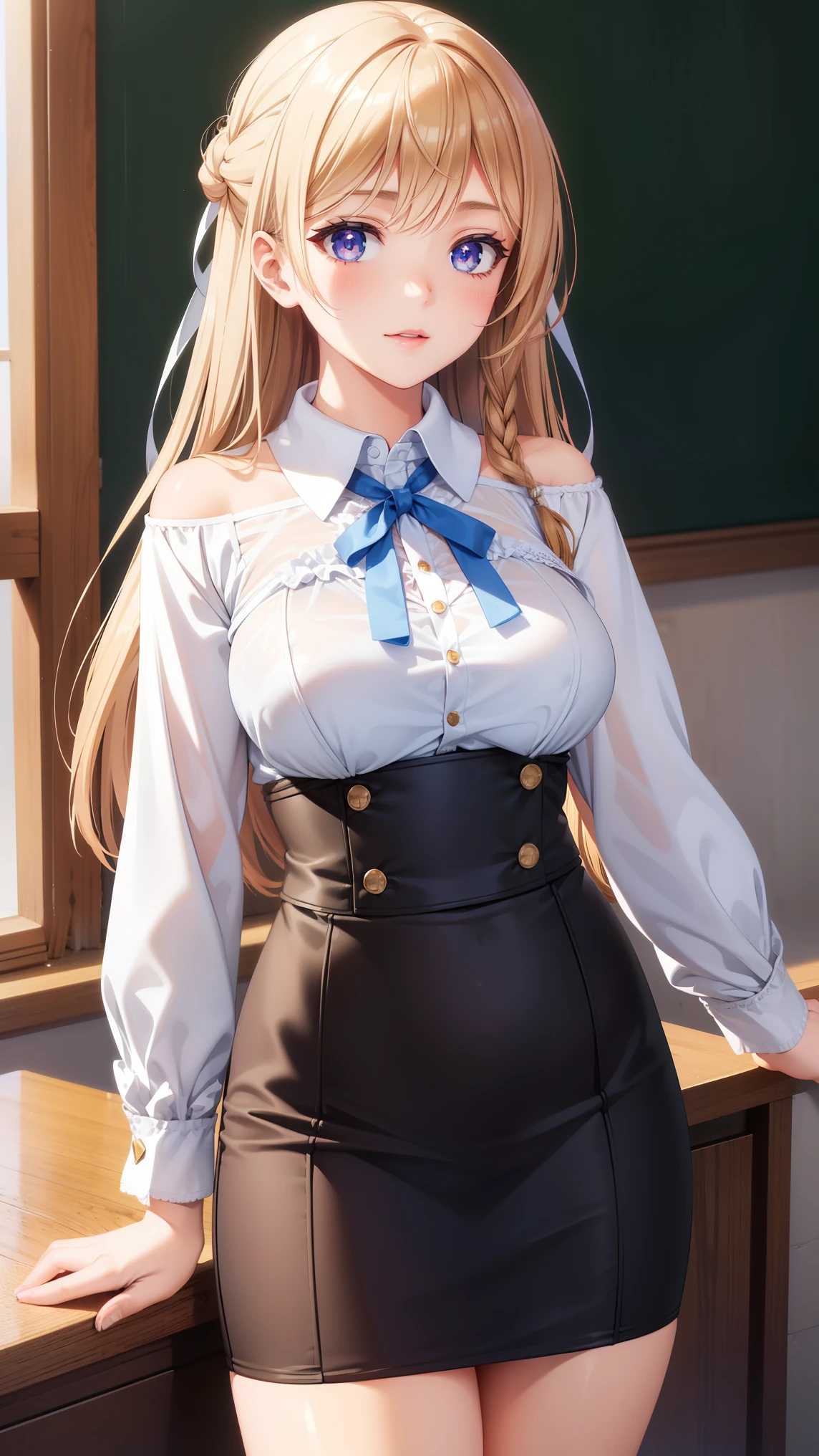 1girl, natural lighting, masterpiece, highly detailed, illustration, game CG, absurdres, high quality, beautiful detailed eyes, glossy lips, natural lighting, medium breasts, klaudia valentz, school, teacher, blouse, pencil skirt