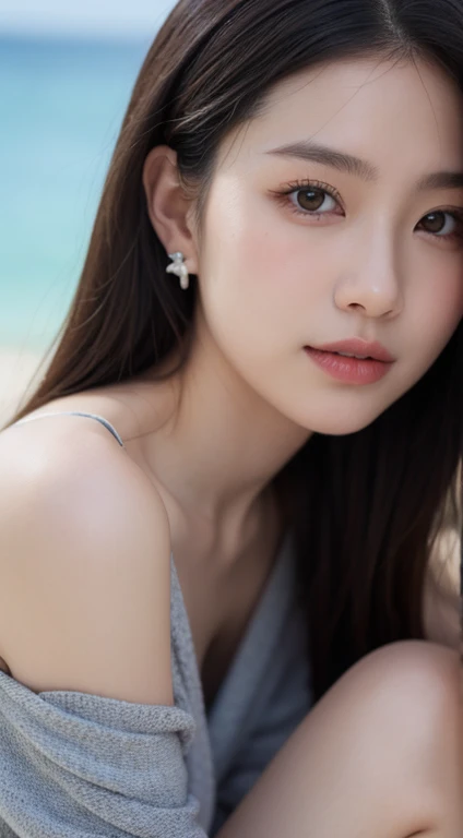 Icon RAW Photo,8k yen,Fujifilm XT3,masterpiece, highest quality, Realistic, photoRealistic,Super detailed,One girl,alone, Close-up portrait, Diamond Stud Earrings, long, straight black hair, Hazel Eyes, Serious expression, ??????? , Ocean , Ayaka 1,Underless,Underlesshighest quality, 8k, masterpiece :1.3)), Two Japanese teenage girls, smile,官能的 Small breasts,whole body, Face thinning, Beautiful woman,??????? (Dark brown hair), :1.1, ,tea bag,Highly detailed face, Delicate eyes, double eyelid, Blurred Background, Face thinning, ベージュロングboots,Small breasts,Ocean,???????,boots,Underless,Ultra Beige Mini Skirt