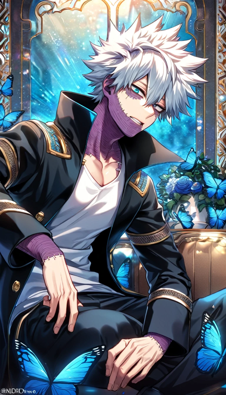 absurdres, highres, ultra detailed, HDR, master piece, best quality, Dabi, white hair spiked around his head, hair between the eyes, expressive turquoise eyes, Boku No Hero Academia, solo, sexy man, handsome, toned chest, sitting, white shirt, black coat with high collar, blue butterflies, blue petals, blue flowers, magical, fantasy