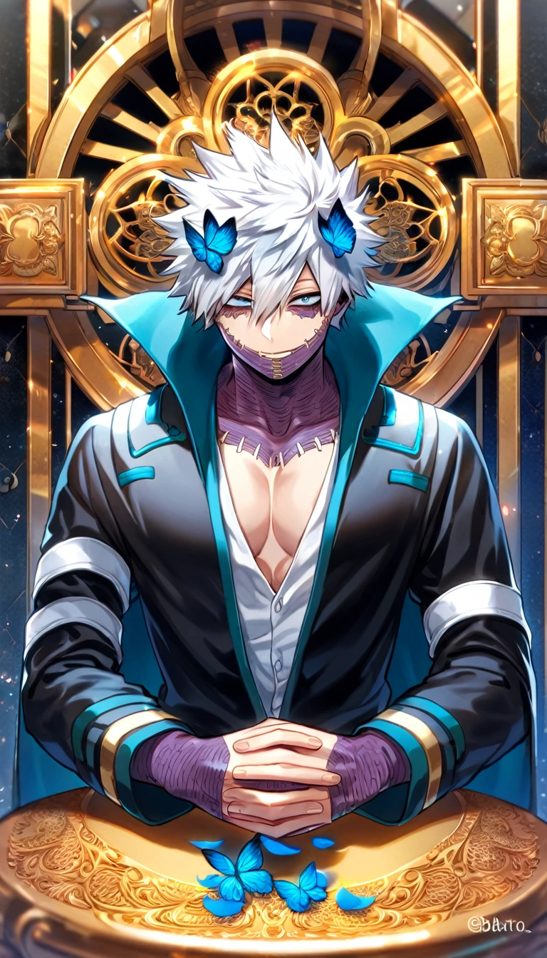 absurdres, highres, ultra detailed, HDR, master piece, best quality, Dabi, white hair spiked around his head, hair between the eyes, expressive turquoise eyes, Boku No Hero Academia, solo, sexy man, handsome, toned chest, sitting, white shirt, black coat with high collar, blue butterflies, blue petals, blue flowers, magical, fantasy