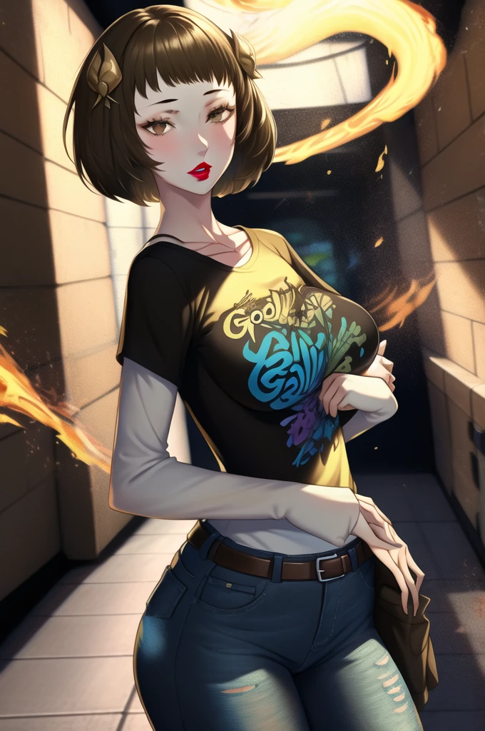 best quality, masterpiece, goldmary \(fire emblem\), brown hair, 1girl, solo, black t-shirt, white shirt, blue jeans, belt, lipstick, large breasts, layered sleeves