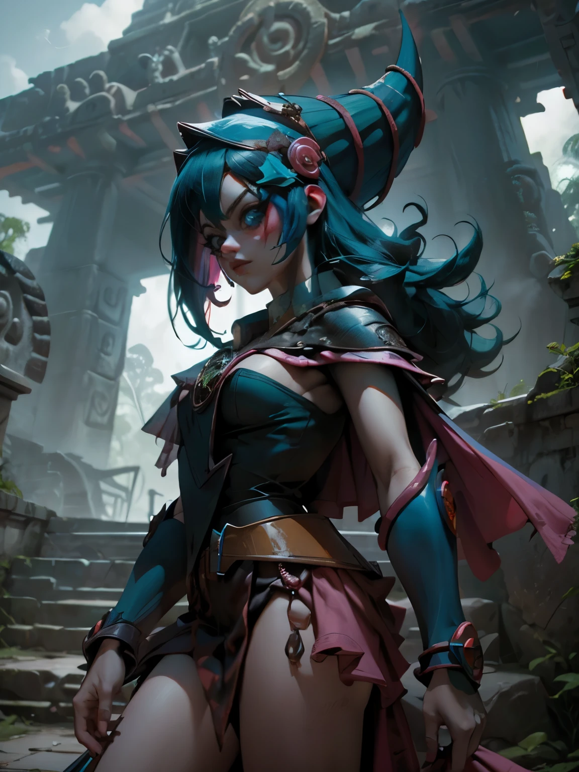 Hermosa y sensual dark magician gils vestida como Harley Quinn. pelo rojo y azul. Labios rojos. Ojos azules. Fondo de ruinas MAYAS De TIKAL. en medio de la selva . Ruina maya de Tikal. Pose amistosa