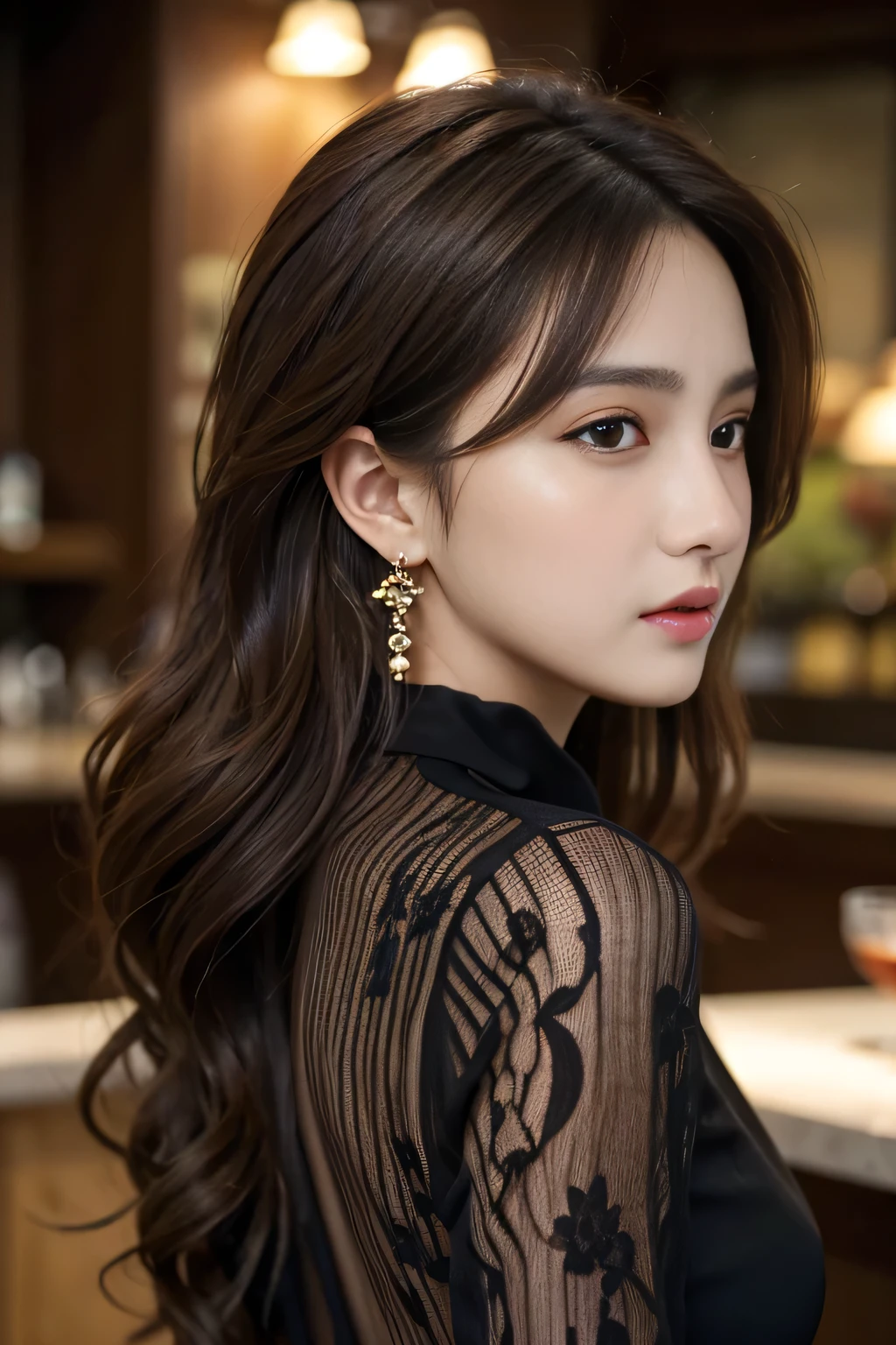 masterpiece, highest quality, Realistic, Very detailed, Finer details, High resolution, 8k wallpaper, One beautiful woman, Wear a black see-through shirt, Great bar counter, At night, Light brown messy hair, Perfect dynamic composition, Beautiful and beautiful eyes、Big earrings、Back view