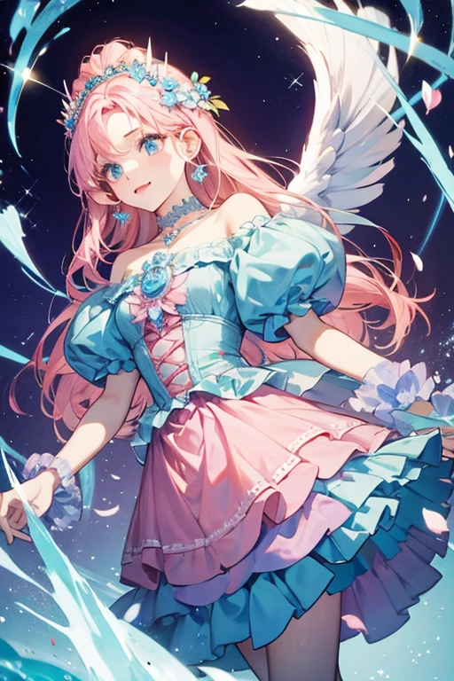 Angela's Jewel Charm has an oval shape, mostly pink, and greyish blue at the bottom. It has light blue and orange flower-shaped decorations at its top, and wing-shaped decorations at the bottom. The center has an angelite surrounded by pink petals. SPARKLE; GLITTER