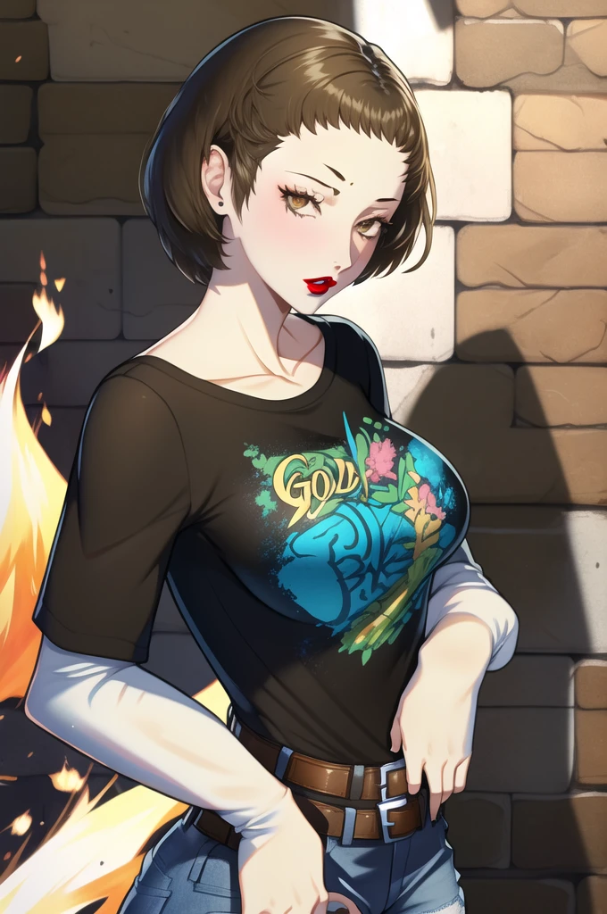 best quality, masterpiece, goldmary \(fire emblem\), brown hair, 1girl, solo, black t-shirt, white shirt, blue jeans, belt, lipstick, large breasts, layered sleeves