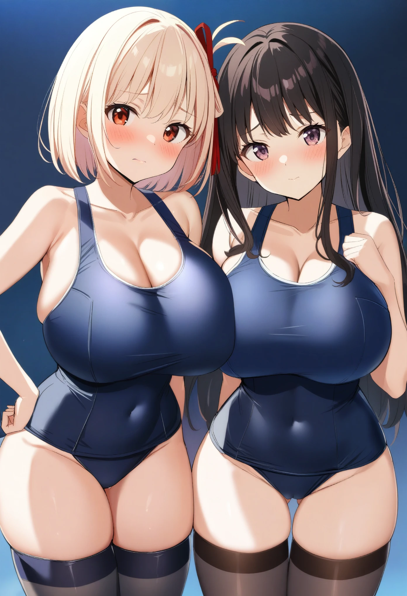 2girls, nishikigi chisato, inoue takina, lycoris recoil, couple, perfect anatomy, symmetry, sukumizu, school swimsuit, thighhighs, huge breasts, looking at viewer, shy, blush, masterpiece, best quality, very aesthetic, absurdres, anime,