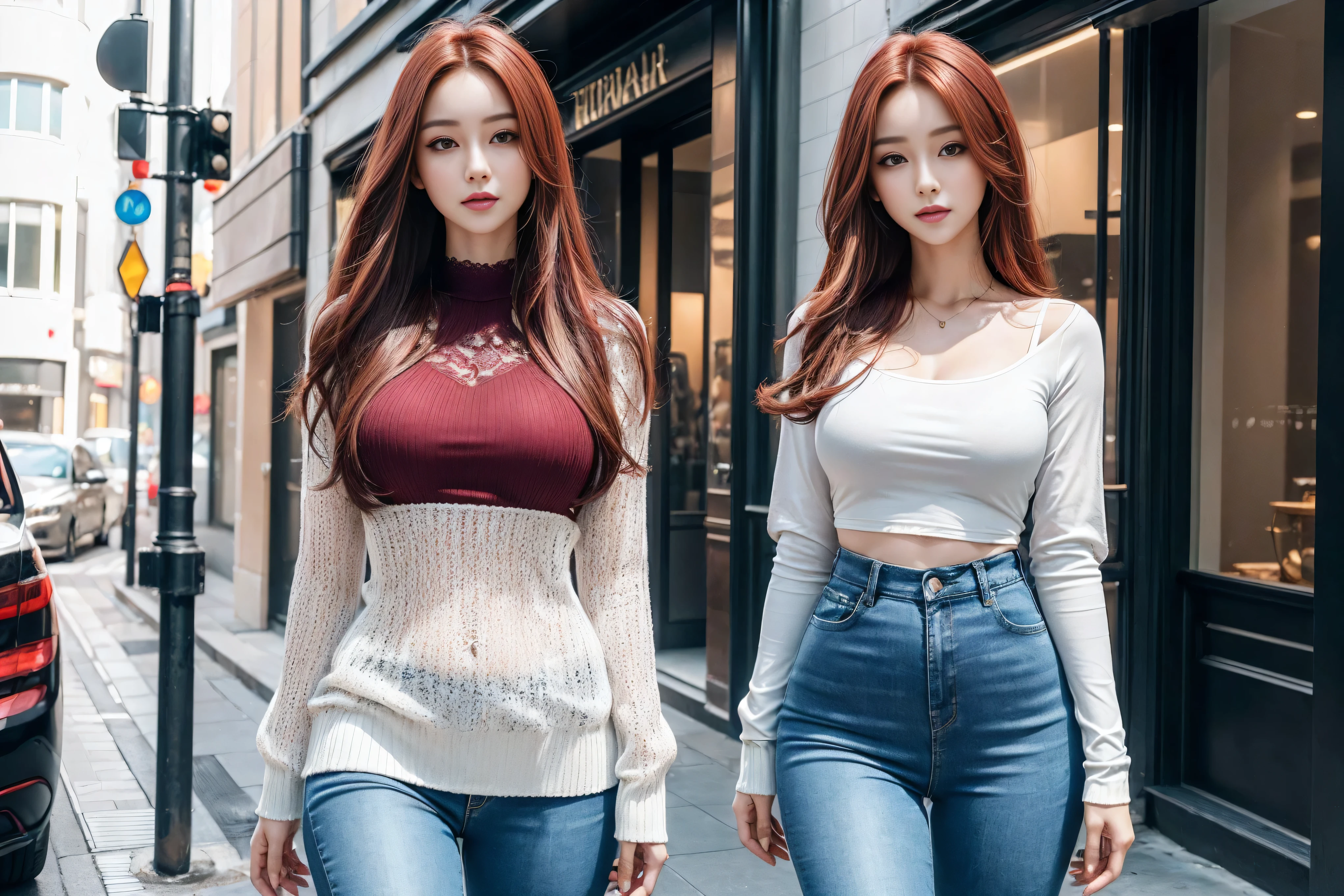 ((Realistic lighting, best quality, 8K, masterpiece:1.3)), Lock focus:1.2,  Beautiful woman with perfect figure:1.4, 3 beautiful Korean girls, Korean pop idol，Leg length，(Pale skin), (big eyes),（Smile：0.8），（Plump and sexy lips）， Complex and detailed face, ((Super delicate skin))，Delicate face，Ultra-thin face，Fine Eyes，Double eyelids，((Dark red hair)), (White lace underwear:1.4）,Background Shibuya street，Large depth of field，Ultra-thin face，Fine Eyes，Double eyelids，（Start from below：1.attitude，（Mid-chest：1.2），Sexy long legs， （Thigh gap：1.5），Wide hips，S-Shaped Body， Hips lifted，Leg length，Light blue skinny jeans，Full body proportions from the front，Over-the-knee leather boots，