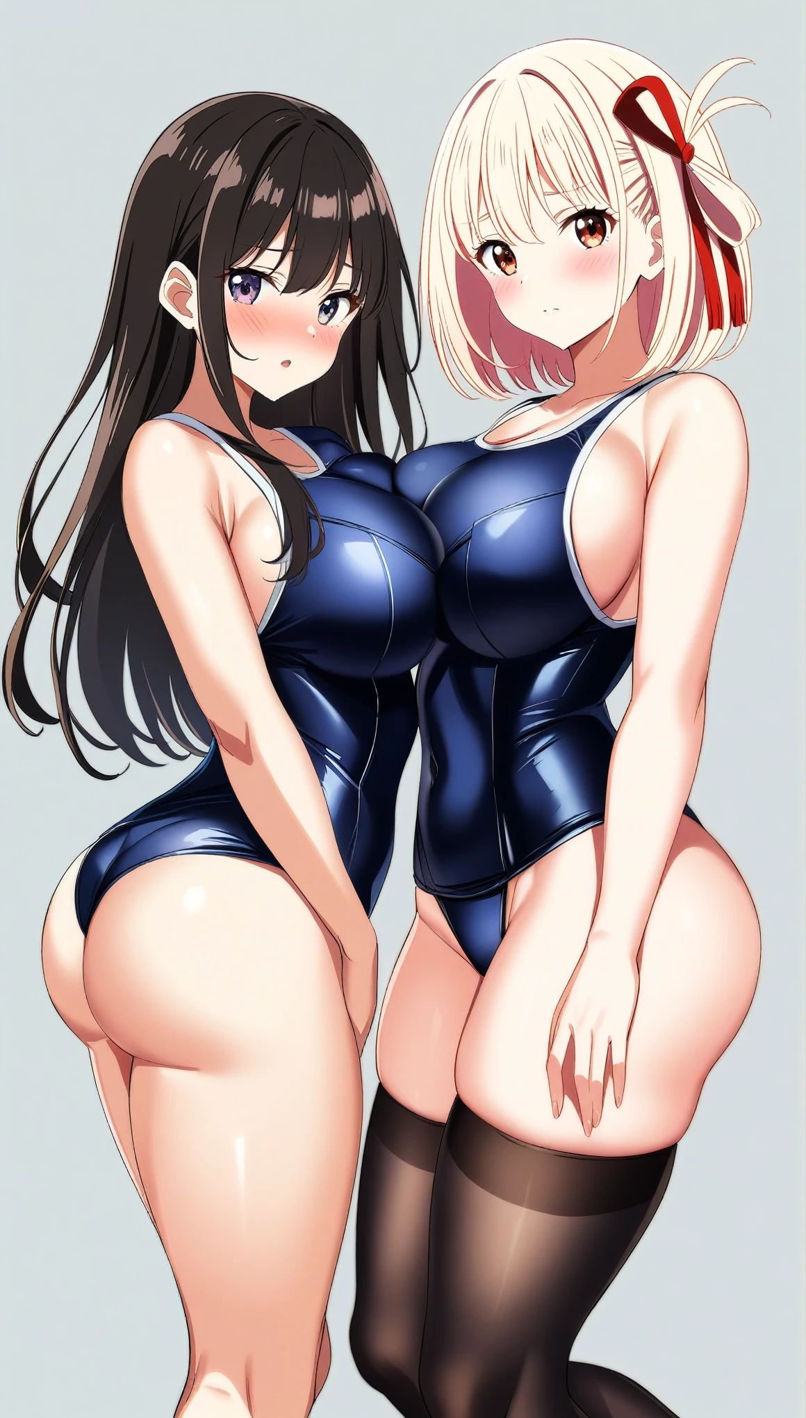 2girls, nishikigi chisato, inoue takina, lycoris recoil, couple, perfect anatomy, symmetry, sukumizu, school swimsuit, thighhighs, huge breasts, big ass, looking at viewer, shy, blush, masterpiece, best quality, very aesthetic, absurdres, anime,