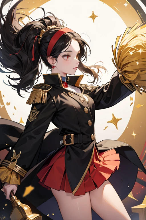 she often dons a black coat with two gold buttons on the left side, a white headband and two red fans (each with a femur bone pattern) when she's cheerleading.  SPARKLE; GLITTER