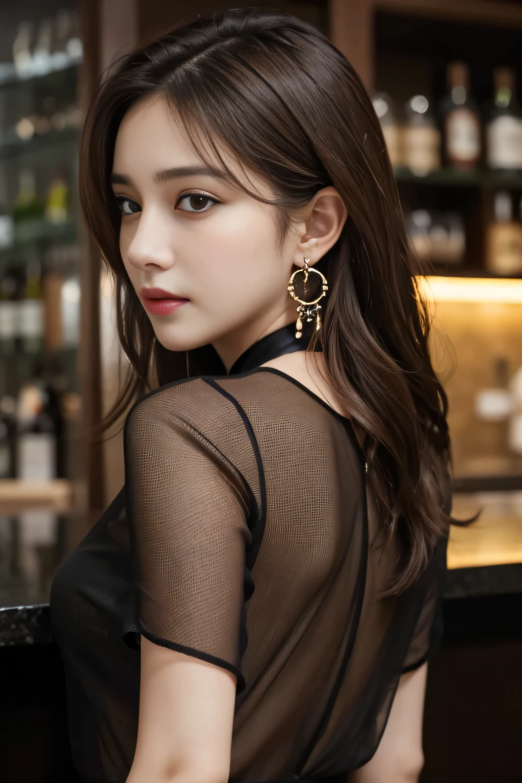 masterpiece, highest quality, Realistic, Very detailed, Finer details, High resolution, 8k wallpaper, One beautiful woman, Wear a black see-through shirt, Great bar counter, At night, Light brown messy hair, Perfect dynamic composition, Beautiful and beautiful eyes、Big earrings、Back view