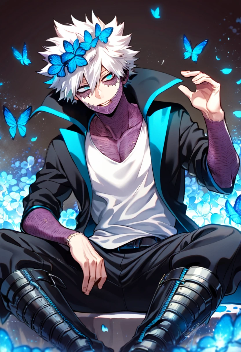 absurdres, highres, ultra detailed, HDR, master piece, best quality, Dabi, white hair spiked around his head, hair between the eyes, expressive turquoise eyes, Boku No Hero Academia, solo, sexy man, handsome, toned chest, sitting, white shirt, black coat with high collar, blue butterflies, blue petals, blue flowers, magical, fantasy