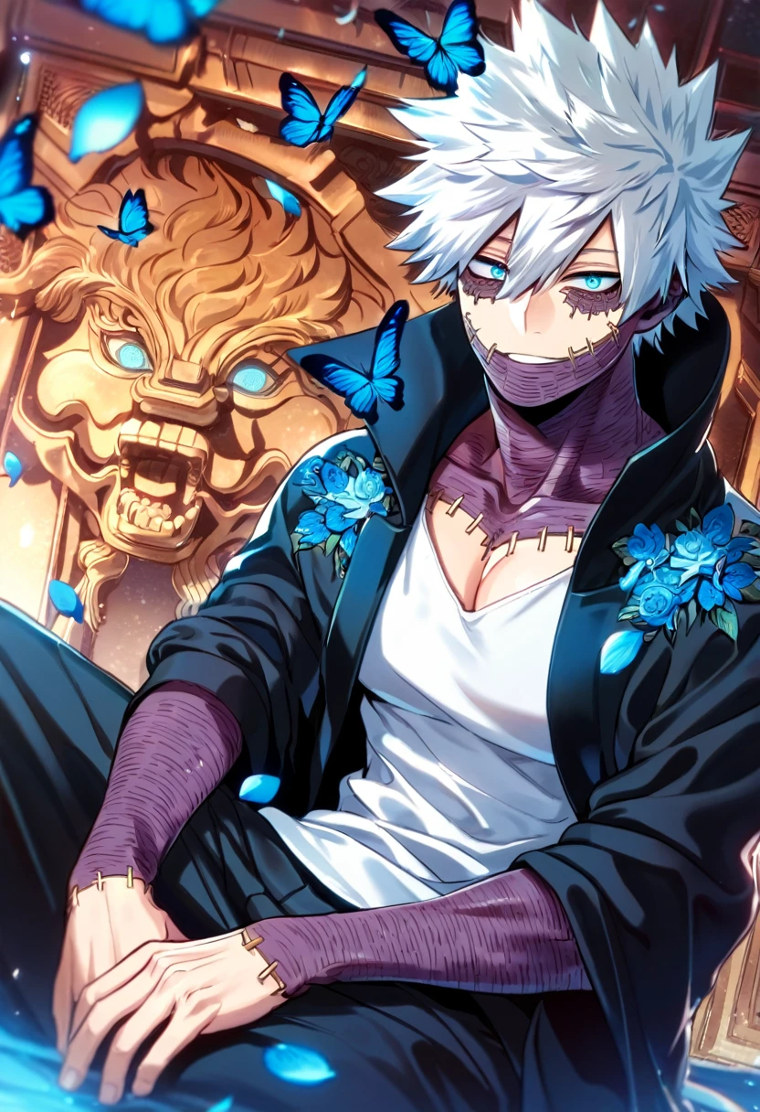 absurdres, highres, ultra detailed, HDR, master piece, best quality, Dabi, white hair spiked around his head, hair between the eyes, expressive turquoise eyes, Boku No Hero Academia, solo, sexy man, handsome, toned chest, sitting, white shirt, black coat with high collar, blue butterflies, blue petals, blue flowers, magical, fantasy