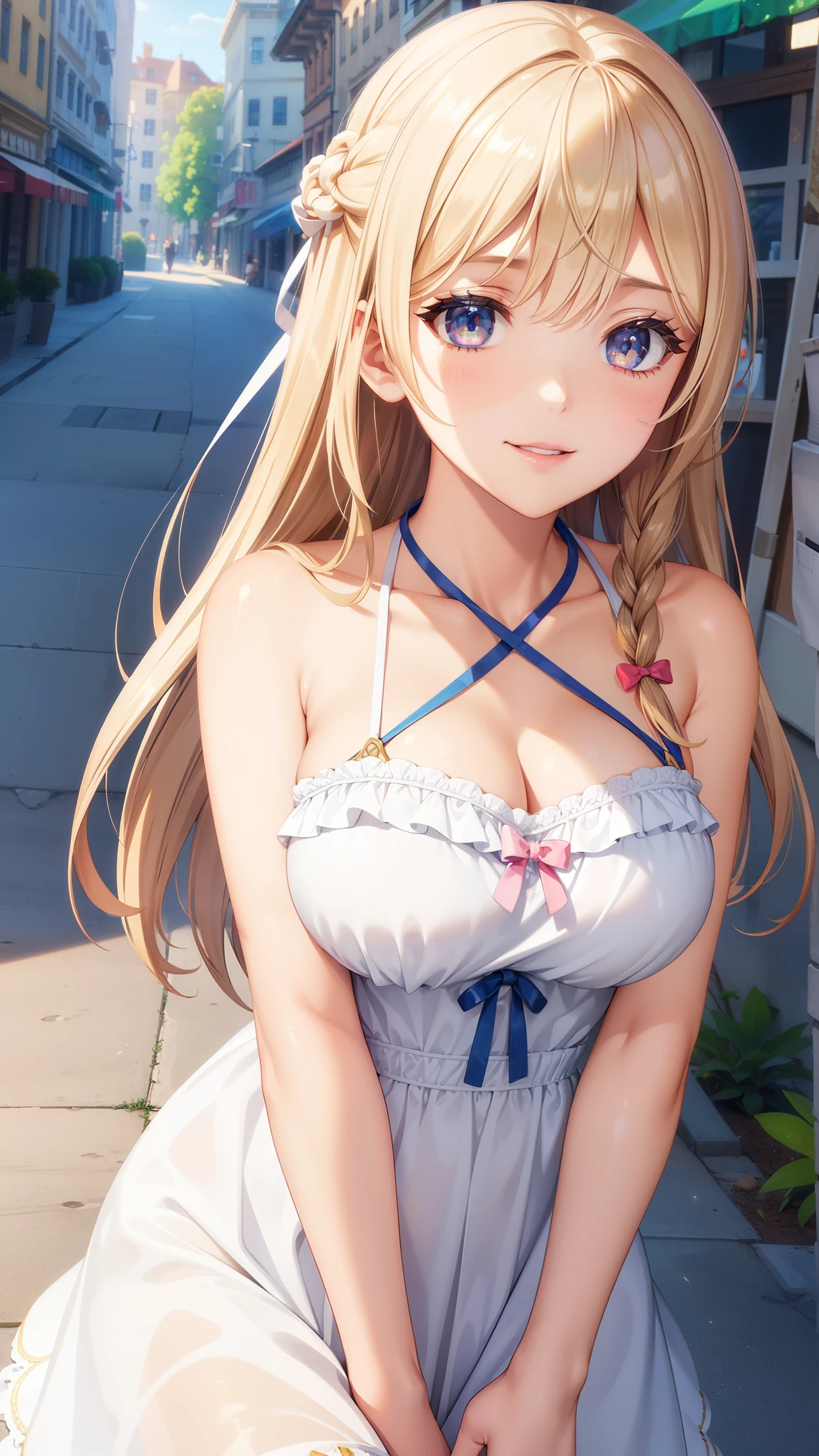 1girl, natural lighting, masterpiece, highly detailed, illustration, game CG, absurdres, high quality, beautiful detailed eyes, glossy lips, natural lighting, medium breasts, klaudia valentz, lighf smile, city street, sundress