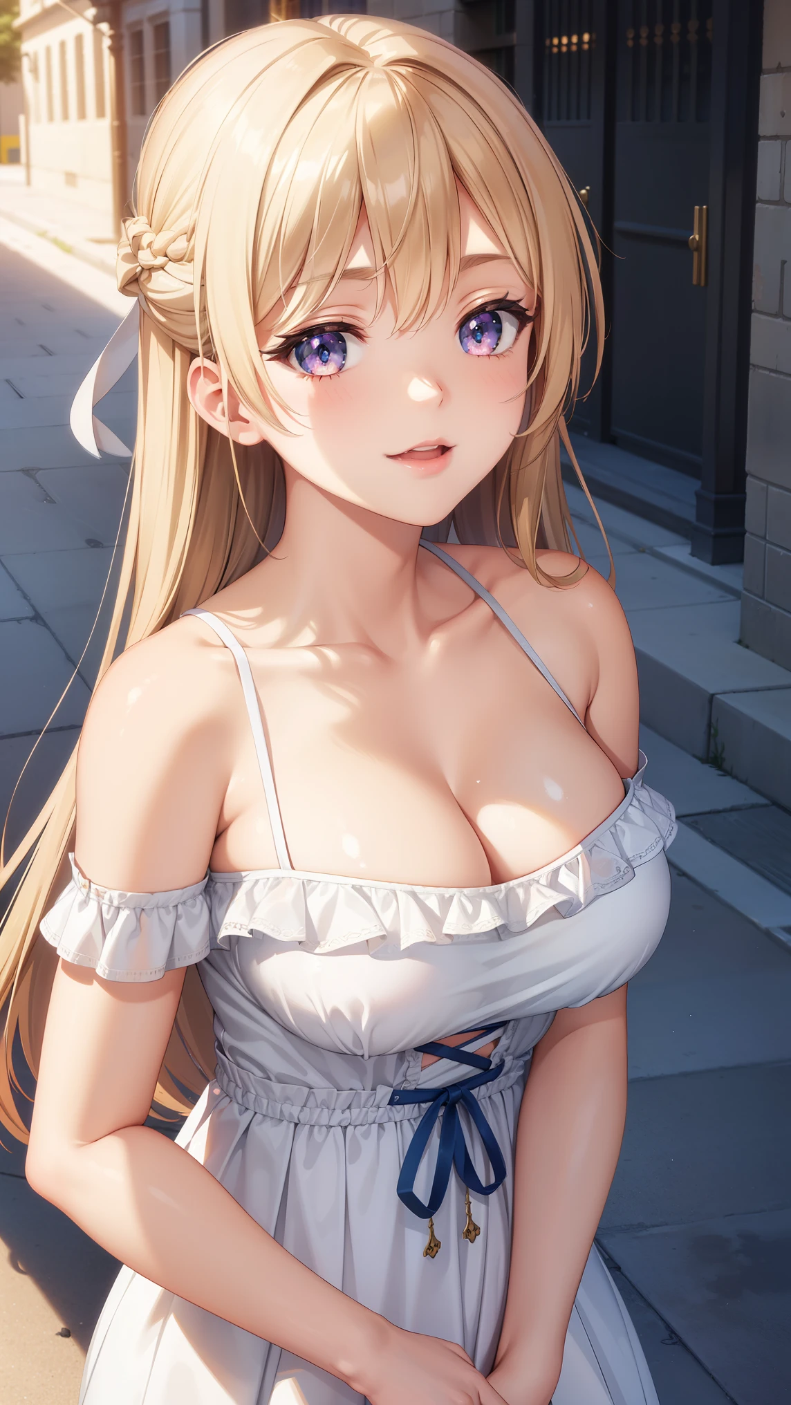 1girl, natural lighting, masterpiece, highly detailed, illustration, game CG, absurdres, high quality, beautiful detailed eyes, glossy lips, natural lighting, medium breasts, klaudia valentz, lighf smile, city street, sundress