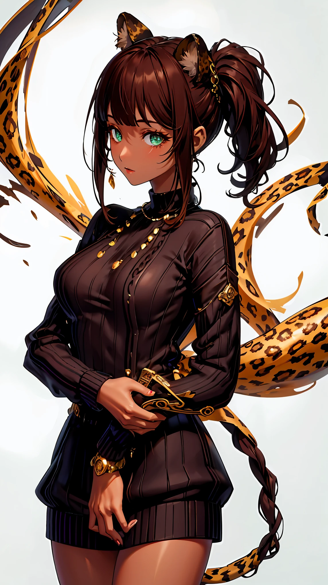{{{{masterpiece}}}}, {{{Super detailed}}}, {{{high resolution}}}, {{good anatomy}}, (((best quality))),((emerald eyes,brown hair)),{{Extremely detailed and refined}}, {4k CG wallpaper}, {{illustration}}, ((dark skin,african lady,dark brown skin)),(((Side face contour,Close-up，,detailed face,bigger eyeballs))),(ponytail|undercut|Detailed hair|blunt bangs|shiny hair),(((sweater with Leopard printed,long sleeves))),(arch canthus),{{{emotionless,milf,mature}}},(lesbian,mystery,intoxicated lady,1 woman:1),(Color difference:1.2),(small breasts),(simple background),The details are complex[、movie lighting、Reflectors、a Canon EOS R5、50mm lens、f / 2.8、shot at 8k resolution、