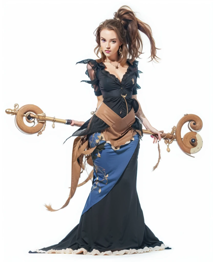 blue eyes, forehead, brown hair, black dress, staff